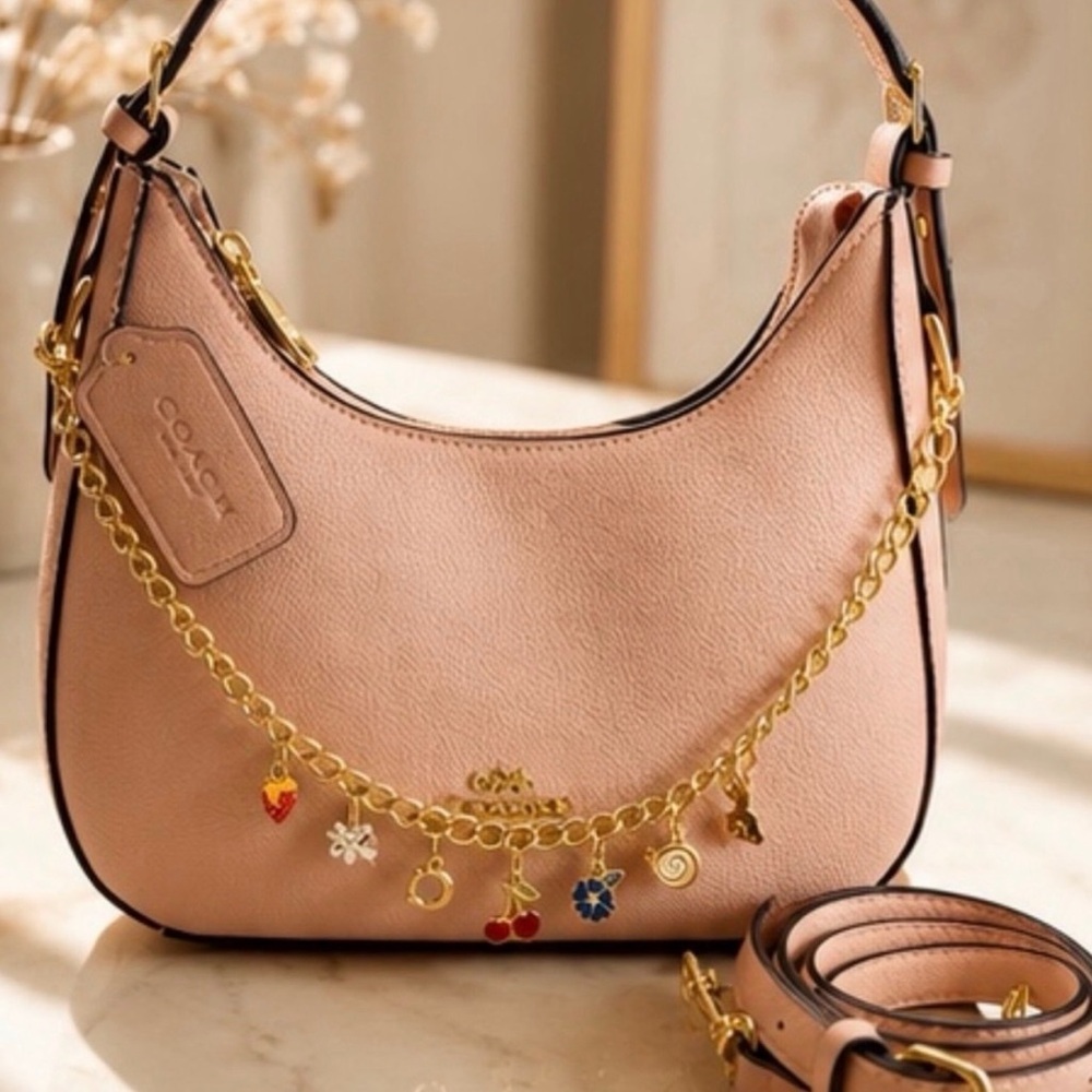 Coach Pink Leather Charm Shoulder Bag with Gold Chain
